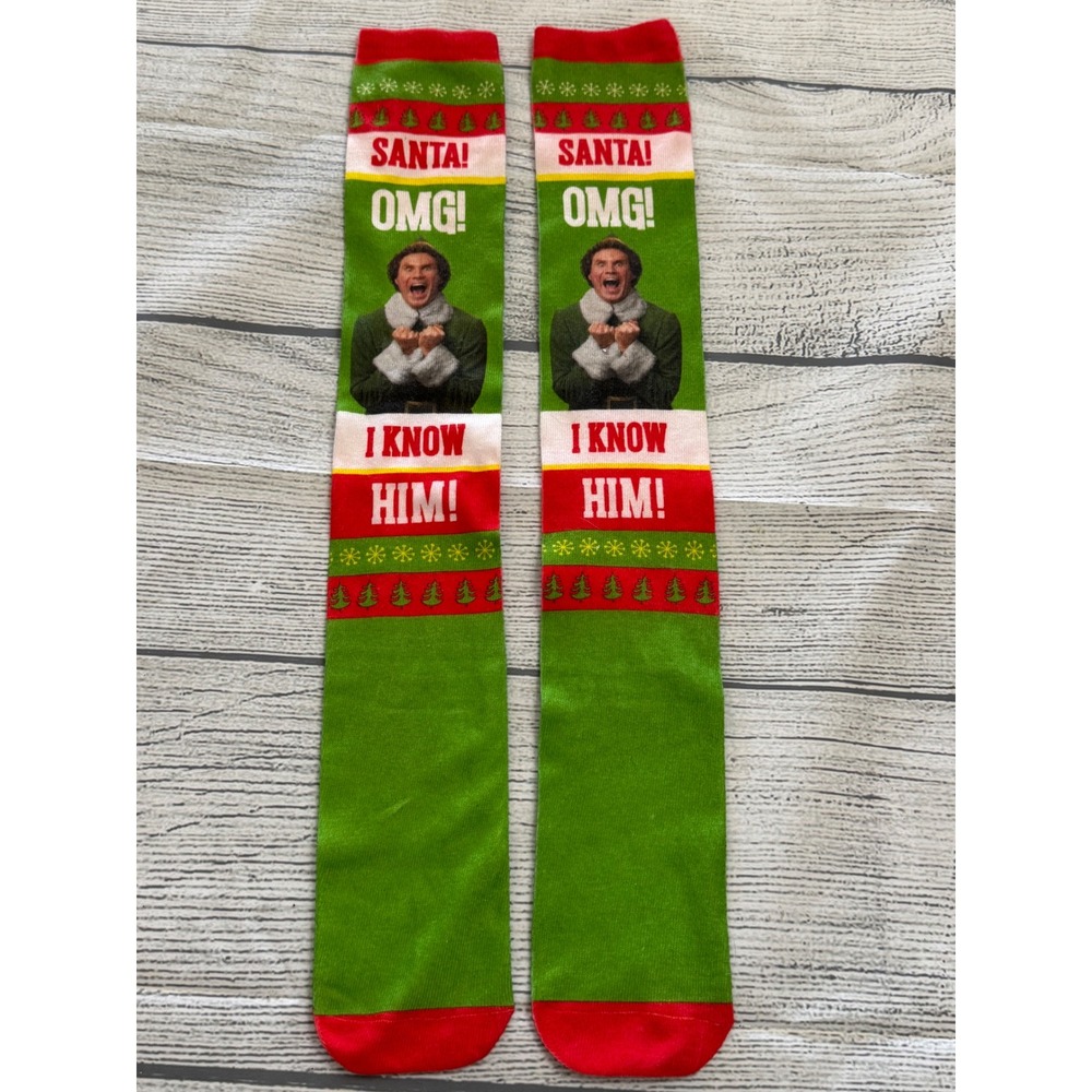 Elf Movie Buddy The Elf Santa OMG I Know Him Knee High Christmas Socks Green Red